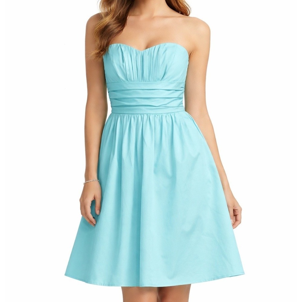 David's Bridal Aqua Blue Strapless Pleated Fit Flare Cotton Dress 83312 Size 2‎